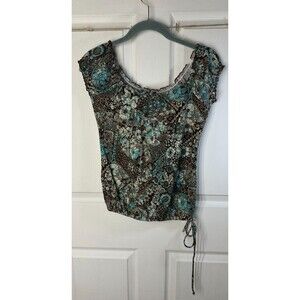 Anxiety Top Blouse Women's Medium Brown and Teal Boho Design On or Off Shoulder